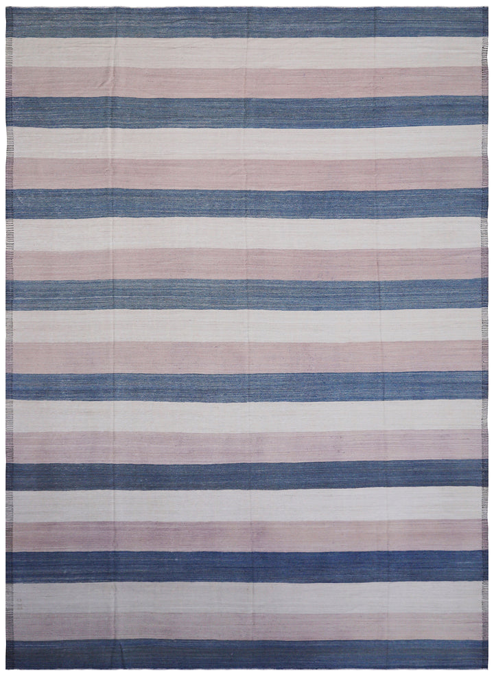 12'x17' Large Striped Blue Tan and Ivory Ariana Kilim Rug