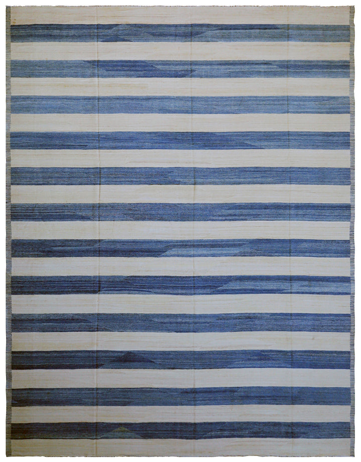 12'x16' Large Blue and White Strip Ariana Kilim Rug