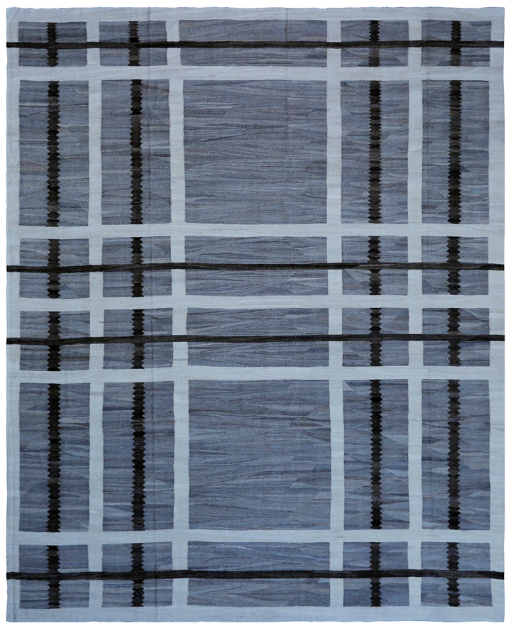 11'x15' Large Gray and Ivory White Geometric Plaid Ariana Kilim Rug