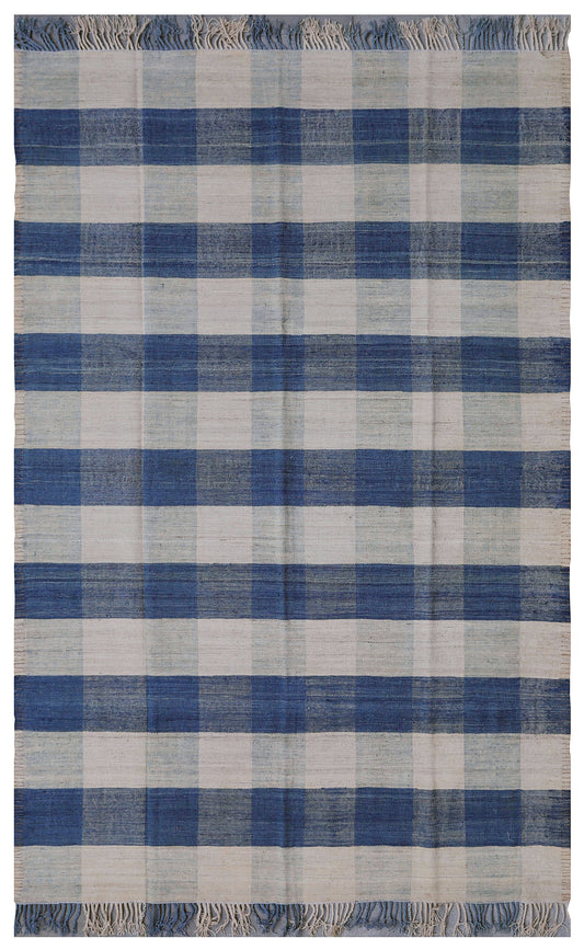 6'x9' Ariana Blue and White Plaid Flat Weave Kilim Rug