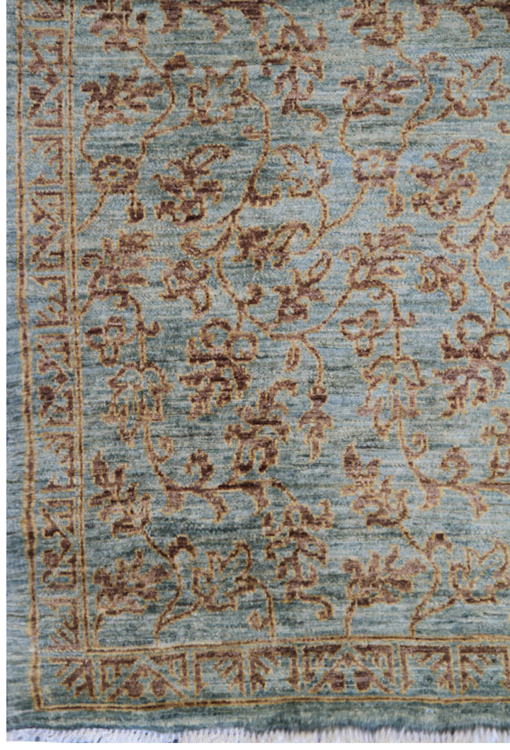 3'x10' Grey Blue Gold Hand-Knotted Floral design Runner Area Rug.