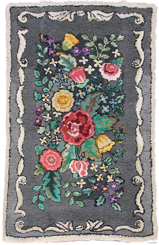 Antique American Hooked Rug | Grey Floral Area Rug