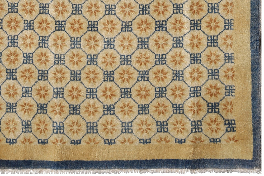3'x8' Gold Blue Geometric Contemporary Chinese Design Runner Rug
