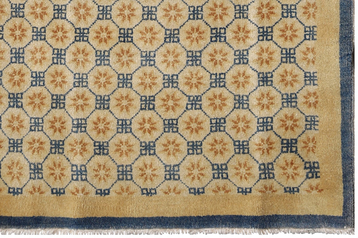 3'x8' Gold Blue Geometric Contemporary Chinese Design Runner Rug