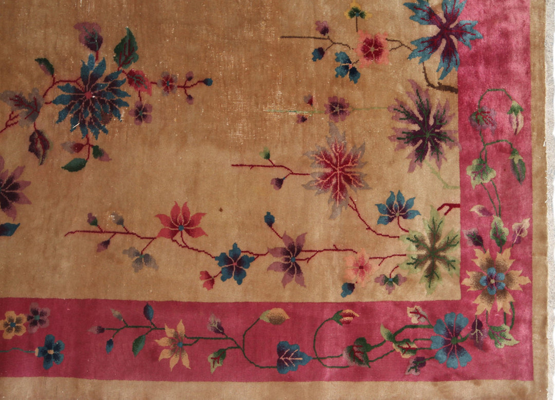 9'x11' Pink and Tan Floral Chinese Art Deco Wool Vintage Rug