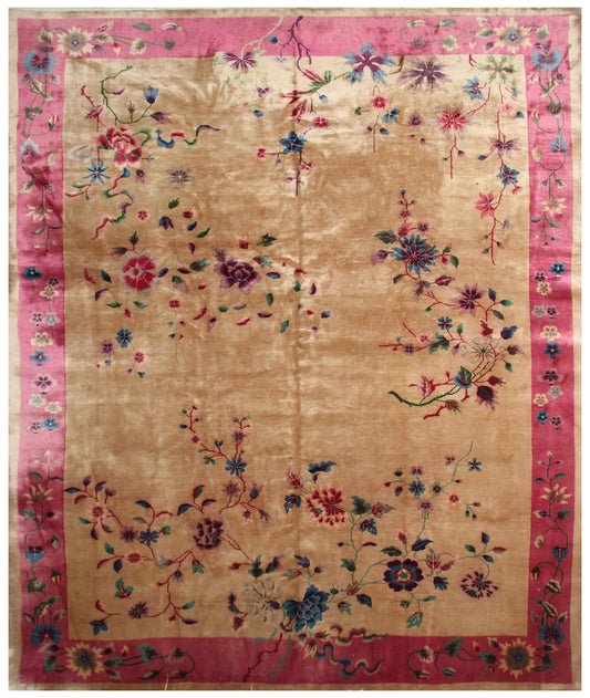 9'x11' Pink and Tan Art Deco Chinese Rug
