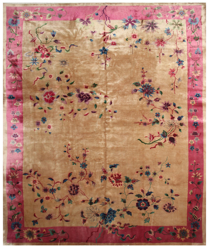 9'x11' Pink and Tan Floral Chinese Art Deco Wool Vintage Rug