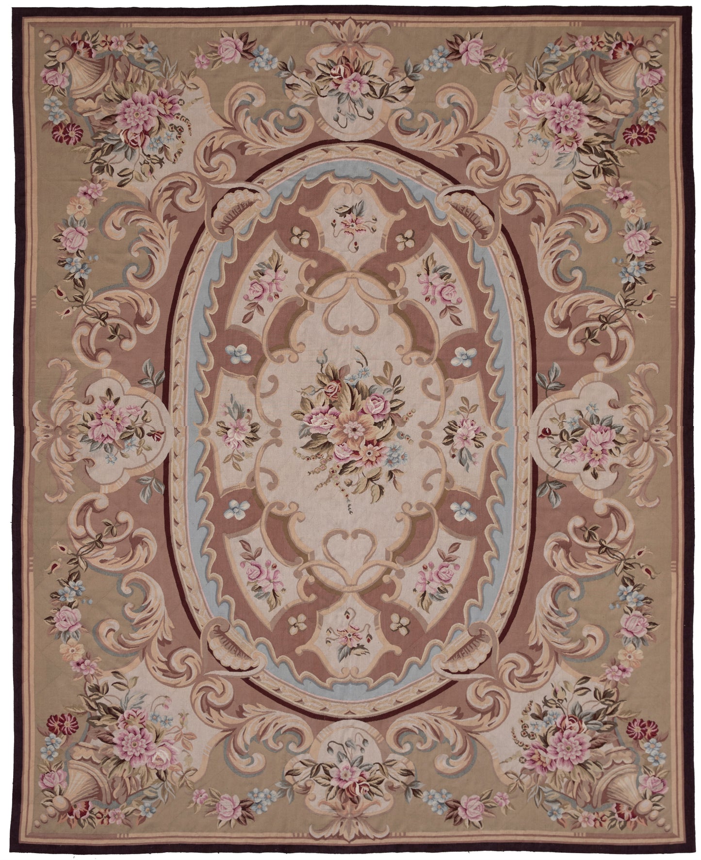 10' x 14' Tan Blue and Pink French Aubusson Design Area Rug