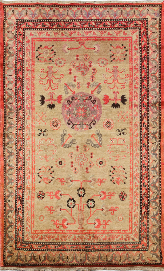 Gold Yellow Pink Vintage Antique Samarkand Khotan Area Rug
