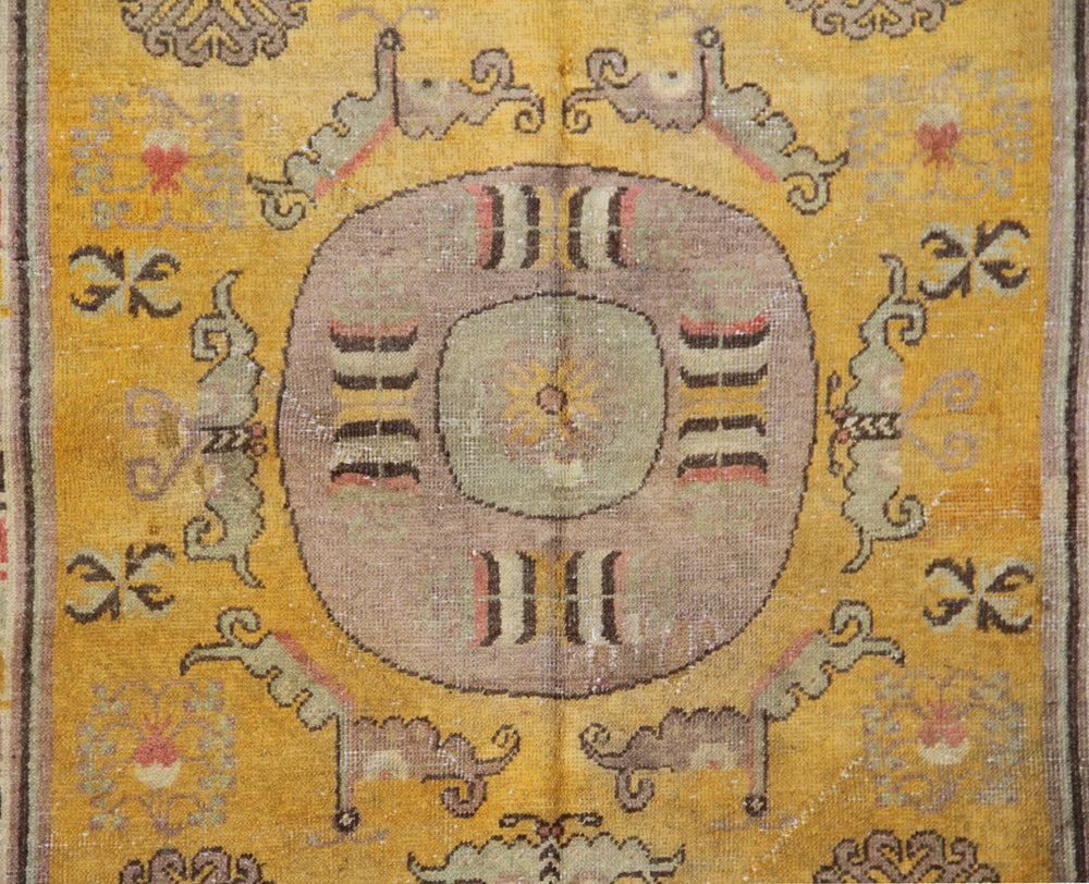 4'x8' Antique Khotan Small Rug – Medallion Design, Rare Saffron Yellow Background