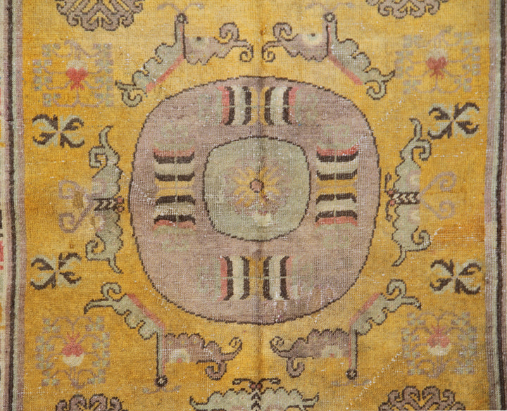4'x8' Antique Khotan Small Rug – Medallion Design, Rare Saffron Yellow Background