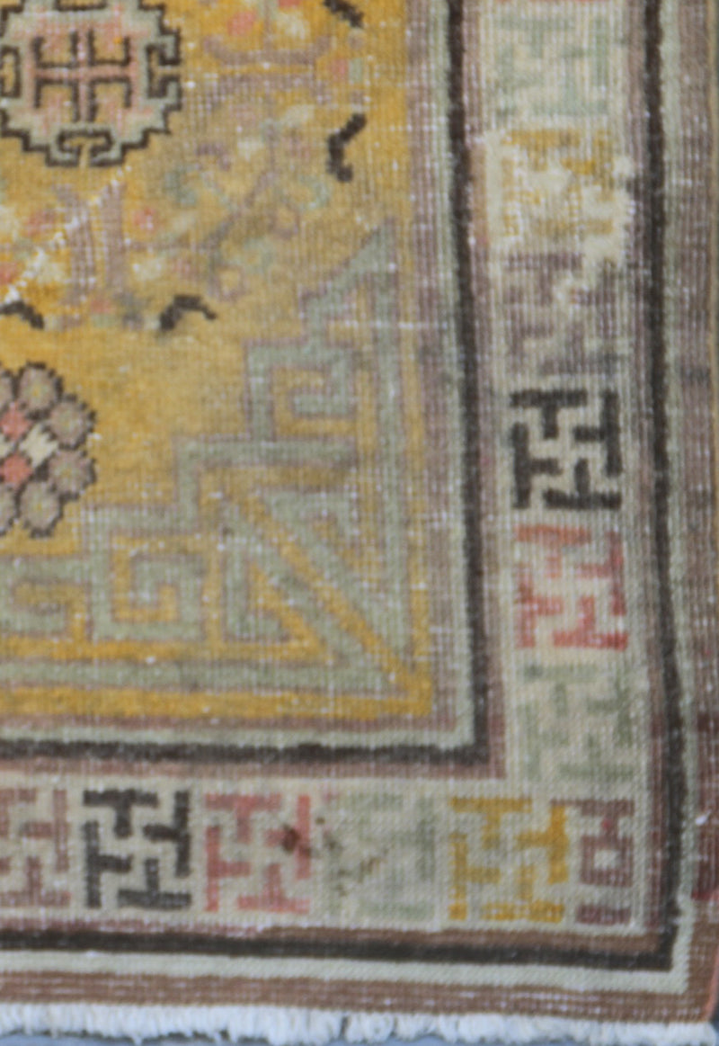 4'x8' Antique Khotan Small Rug – Medallion Design, Rare Saffron Yellow Background