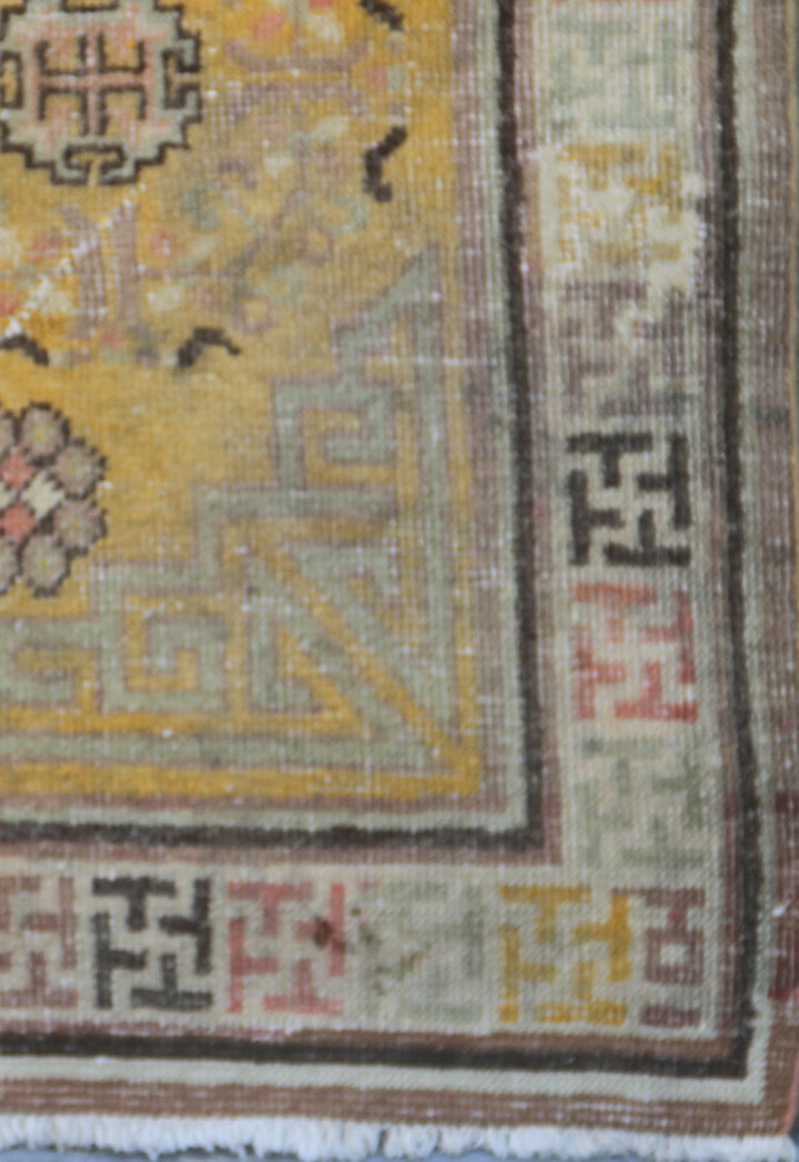 4'x8' Antique Khotan Small Rug – Medallion Design, Rare Saffron Yellow Background