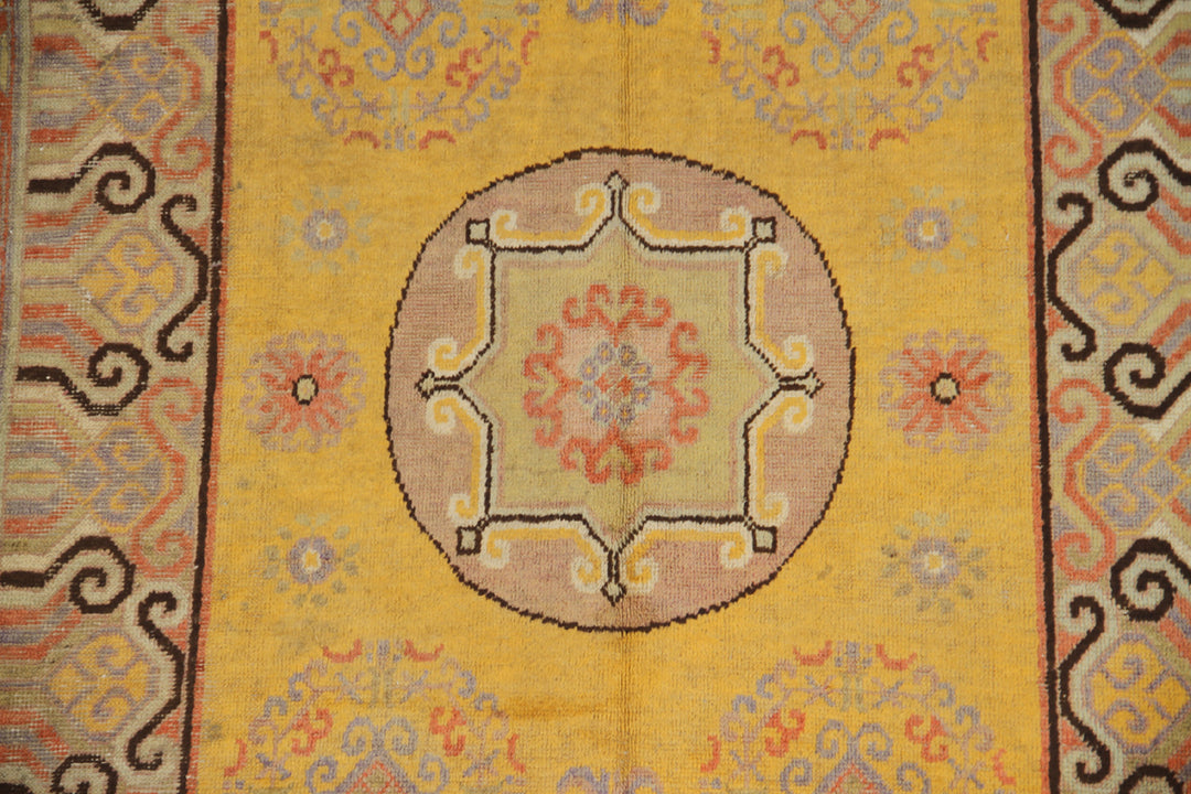 4'x8' Vintage Khotan Rug | Saffron Yellow | Medallions | East Turkistan