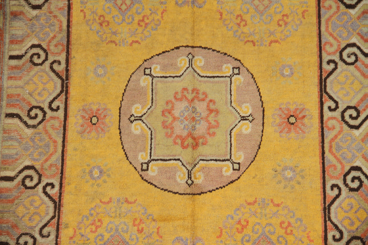 4'x8' Vintage Khotan Rug | Saffron Yellow | Medallions | East Turkistan