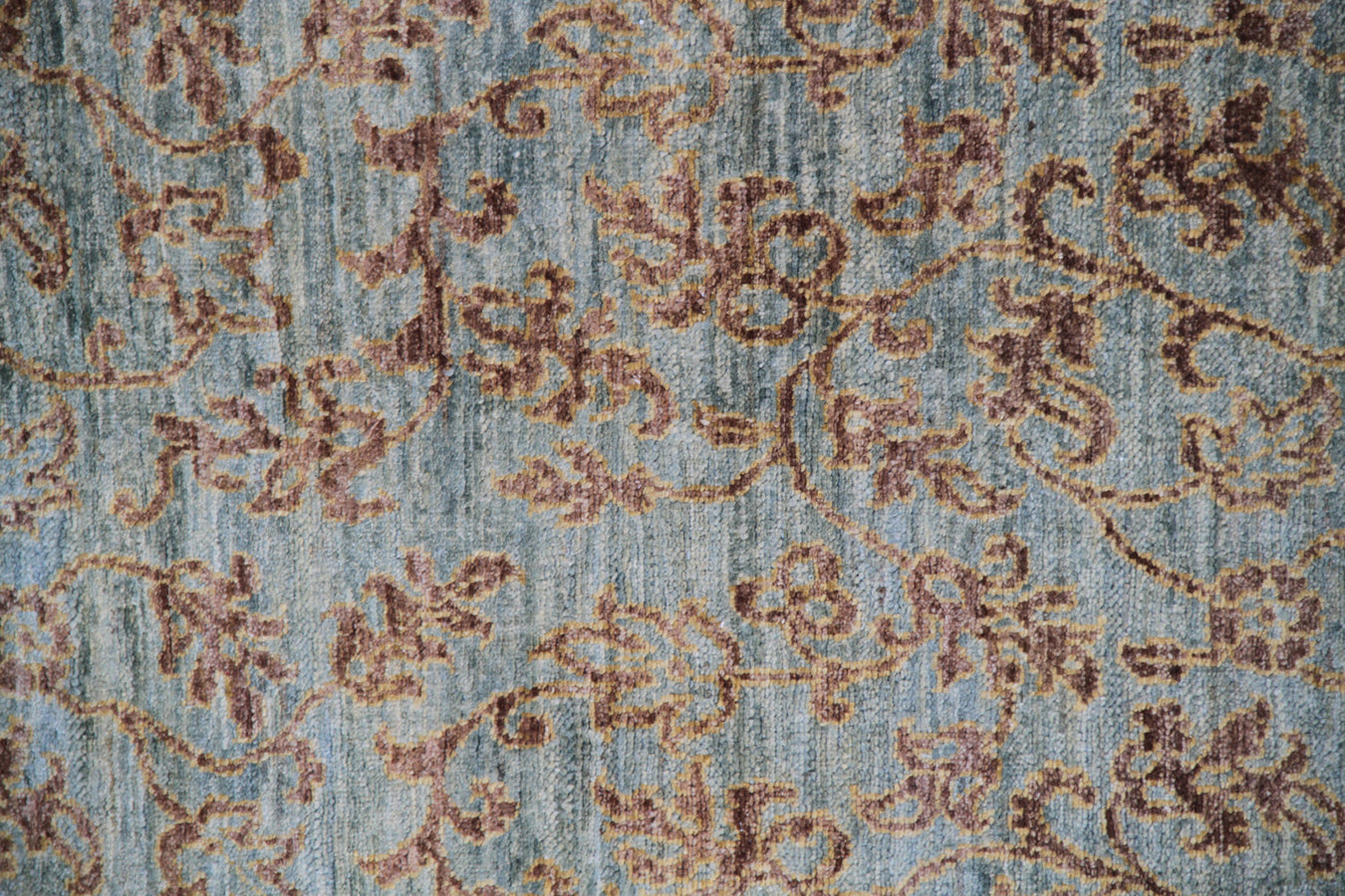 10'x3'Grey Blue Gold Hand-Knotted Floral design Runner Area Rug.