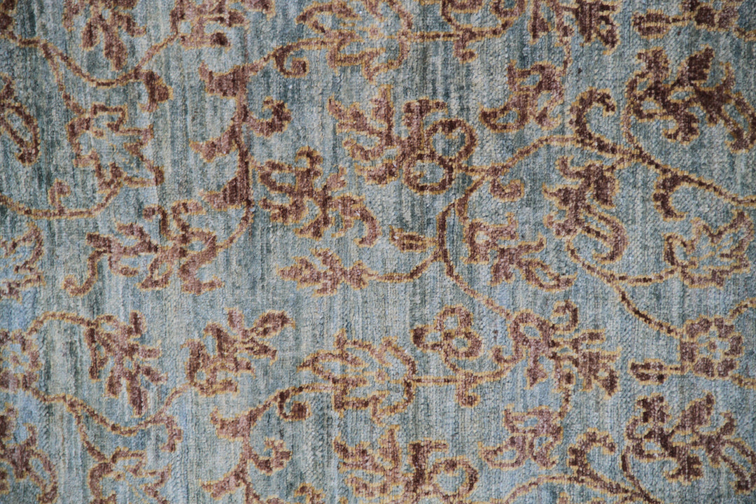 3'x10' Grey Blue Gold Hand-Knotted Floral design Runner Area Rug.