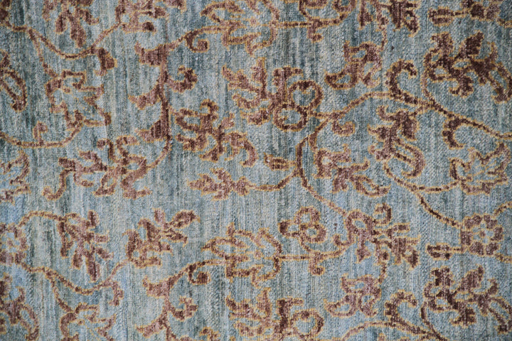 3'x10' Grey Blue Gold Hand-Knotted Floral design Runner Area Rug.