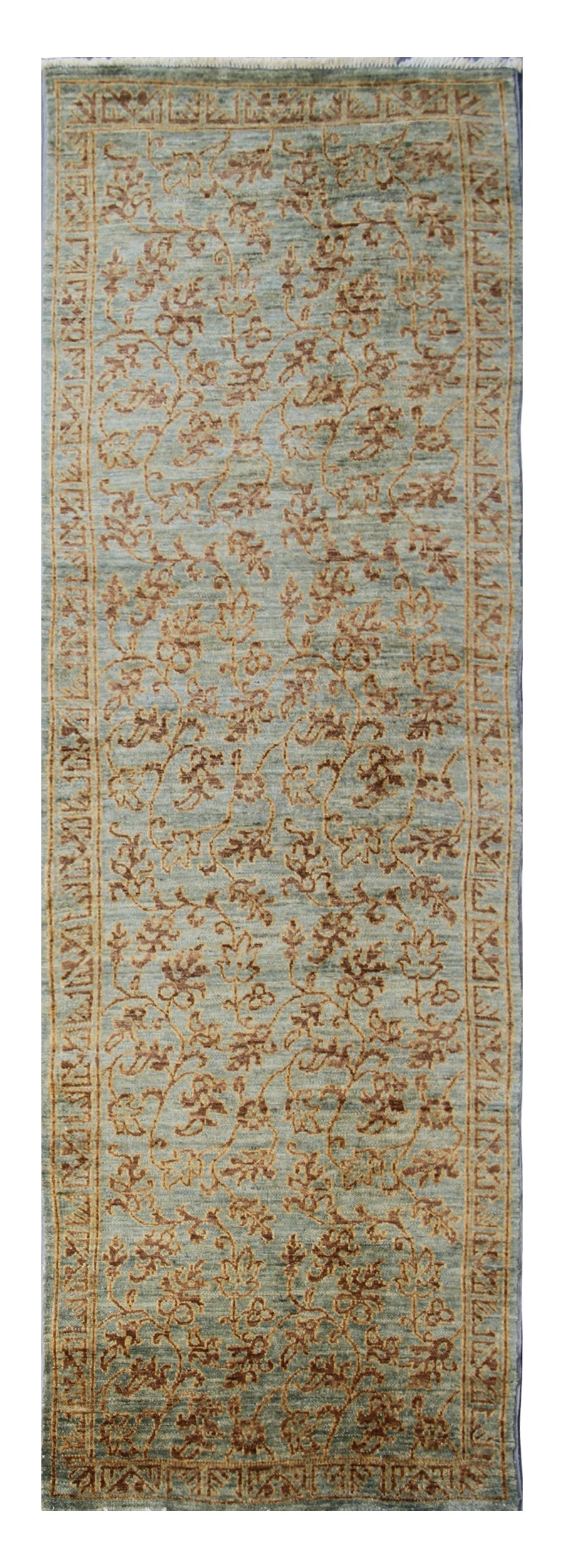 10'x3'Grey Blue Gold Hand-Knotted Floral design Runner Area Rug.