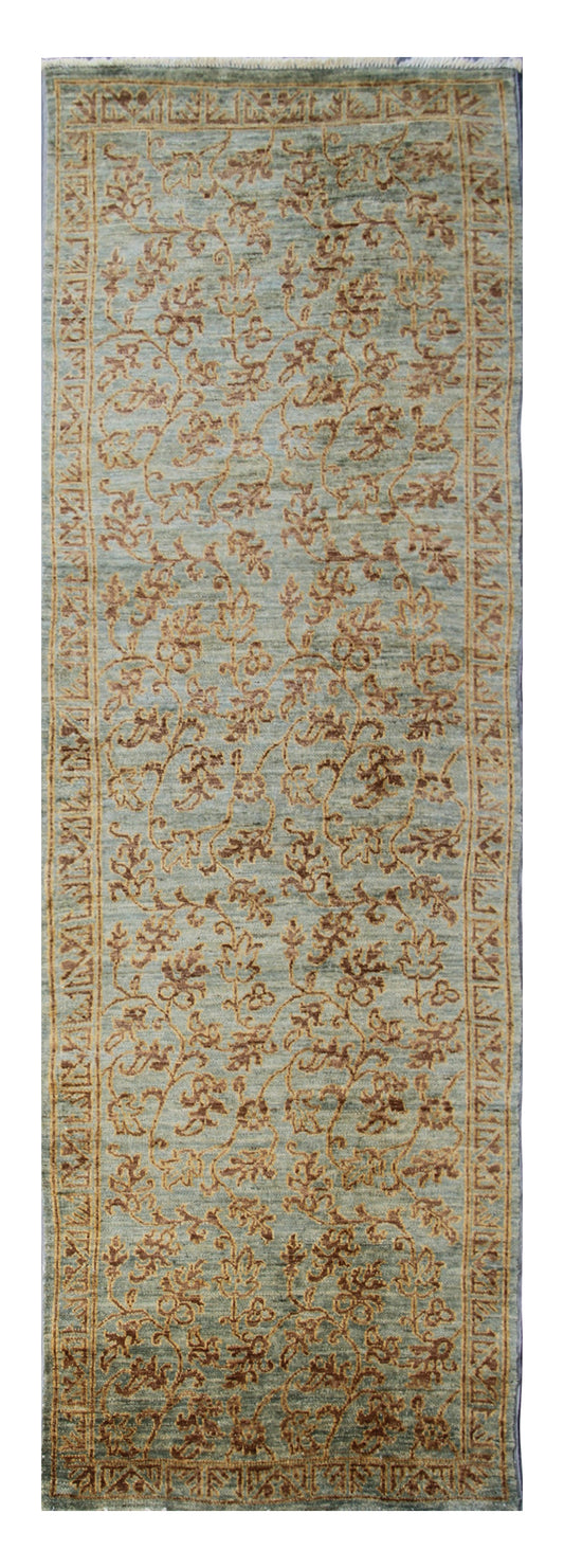 9.05 x  2.11 Grey Blue Gold Hand-Knotted Floral design Runner Area Rug.