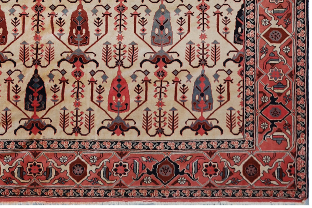 8'x10' Very Thin Fine Weave All Wool Persian Heriz Design with Ivory Filed Red and Blue Pink Colors