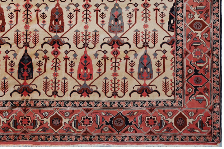 8'x10' Very Thin Fine Weave All Wool Persian Heriz Design with Ivory Filed Red and Blue Pink Colors