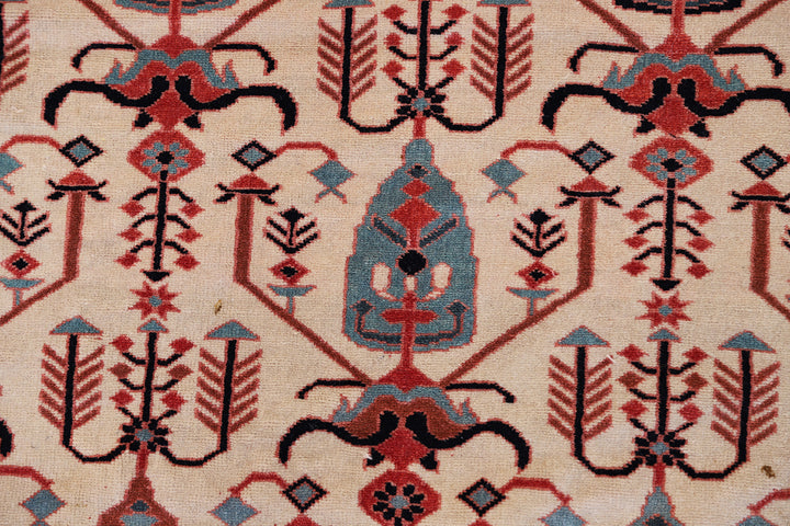 8'x10' Very Thin Fine Weave All Wool Persian Heriz Design with Ivory Filed Red and Blue Pink Colors