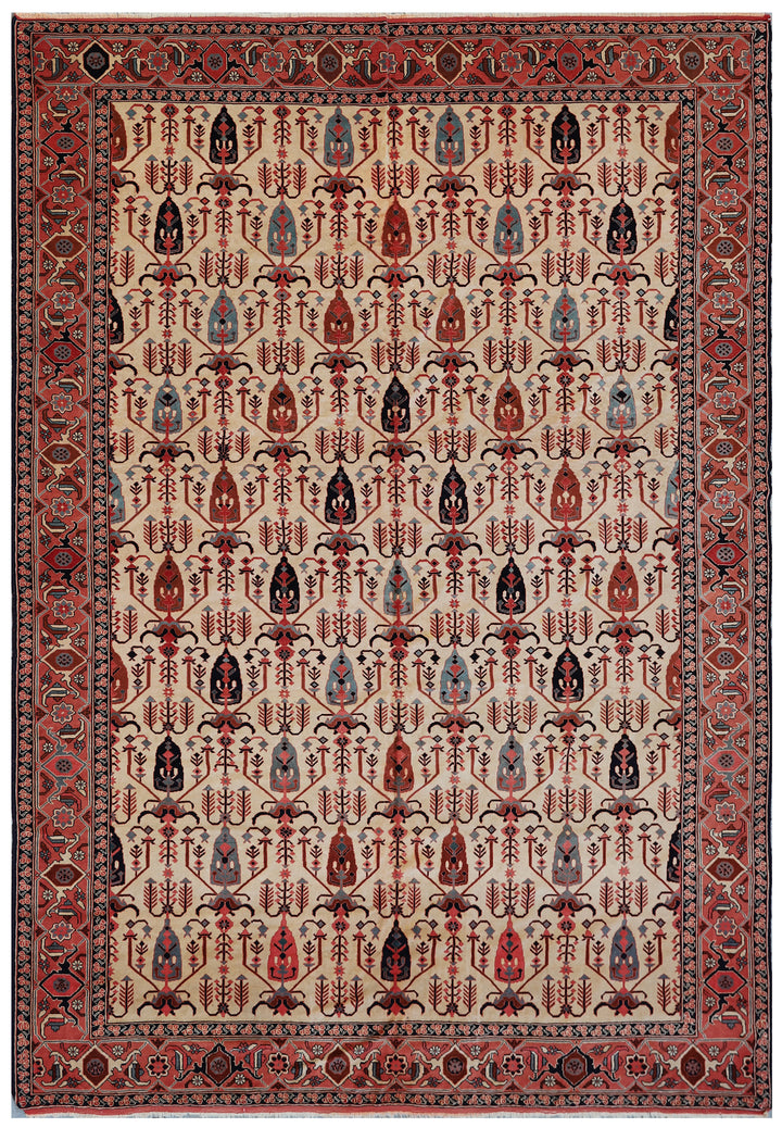 8'x10' Very Thin Fine Weave All Wool Persian Heriz Design with Ivory Filed Red and Blue Pink Colors