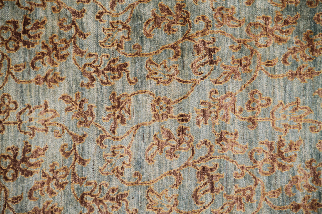 3'x10' Soft Shades of Green and Gold Brown Floral Hand-Knotted Runner Rug