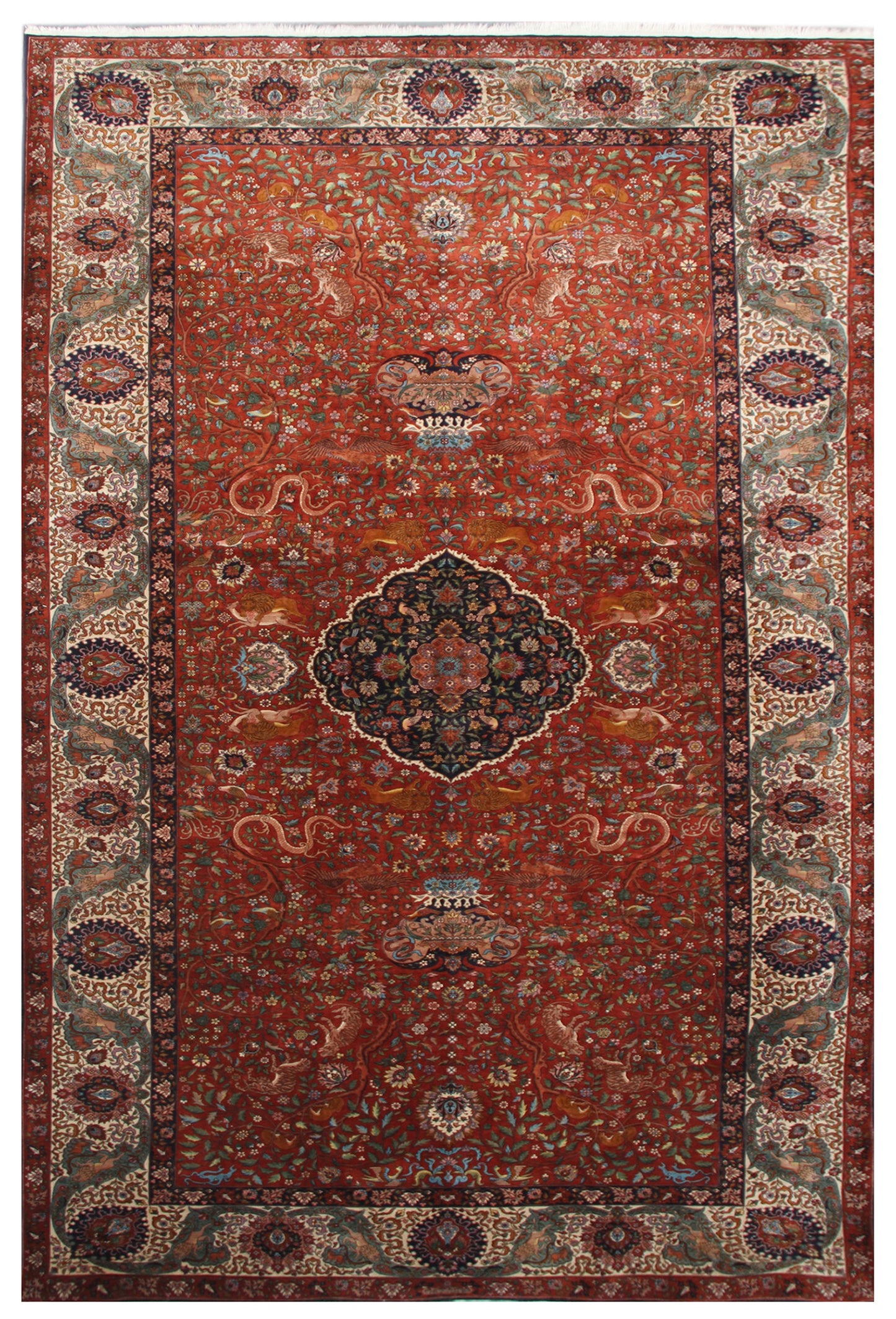 9'x18' Rust Blue Ivory Hunting Design Persian Kashan Style Rug