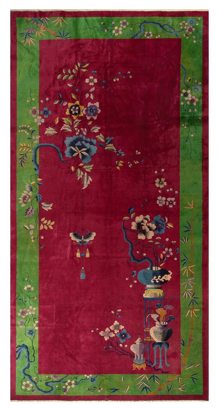 10'x19' Red and Green Floral Chinese Art Deco Rug