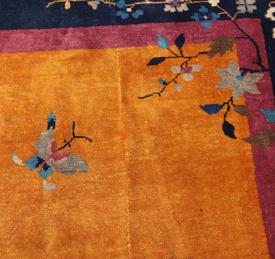 9'x11' Orange and Blue Floral Vintage Chinese Art Deco Wool Area Rug