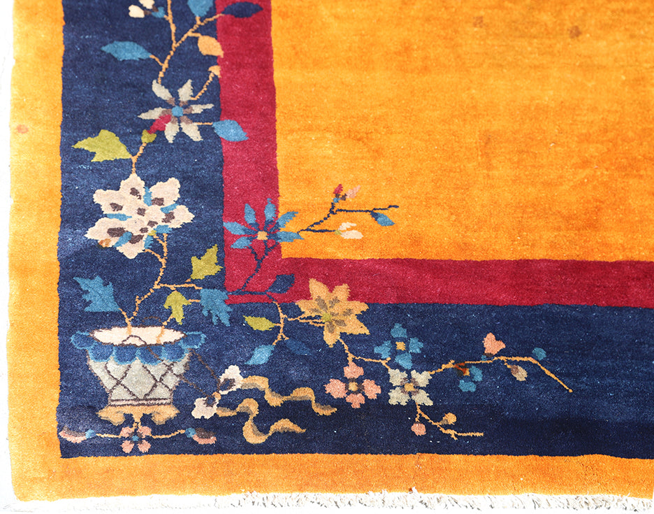 9'x11' Orange and Blue Floral Vintage Chinese Art Deco Wool Area Rug