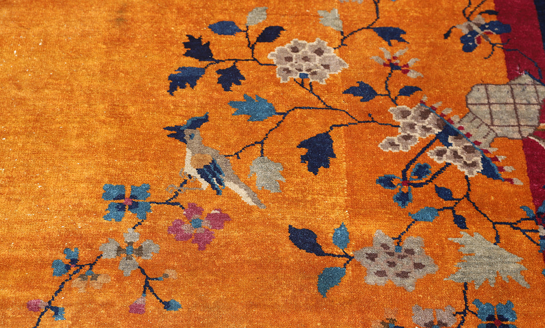 9'x11' Orange and Blue Floral Vintage Chinese Art Deco Wool Area Rug