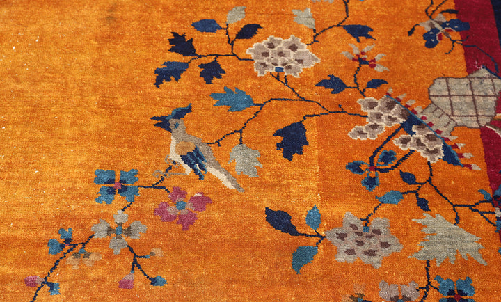 9'x11' Orange and Blue Floral Vintage Chinese Art Deco Wool Area Rug