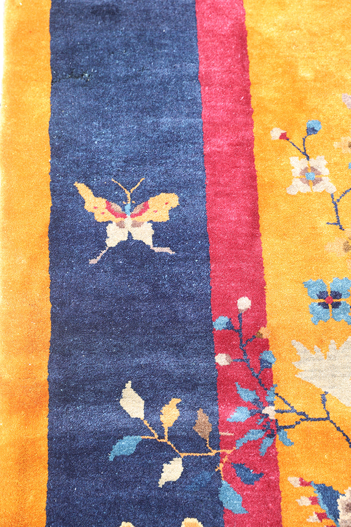 9'x11' Orange and Blue Floral Vintage Chinese Art Deco Wool Area Rug