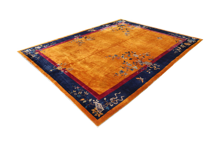 9'x11' Orange and Blue Floral Vintage Chinese Art Deco Wool Area Rug