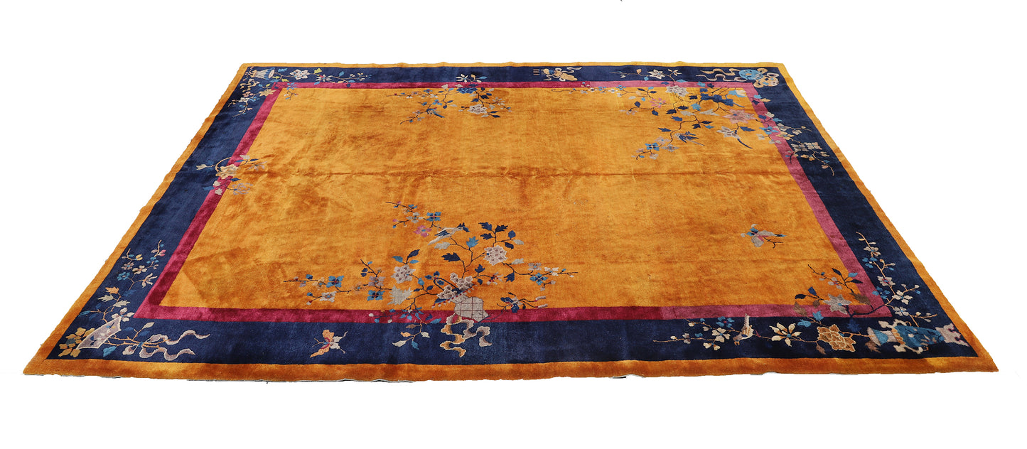 9'x11' Orange and Blue Floral Vintage Chinese Art Deco Wool Area Rug
