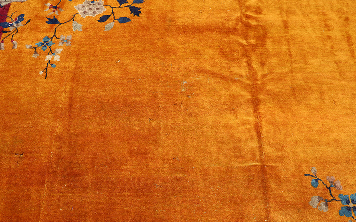 9'x11' Orange and Blue Floral Vintage Chinese Art Deco Wool Area Rug