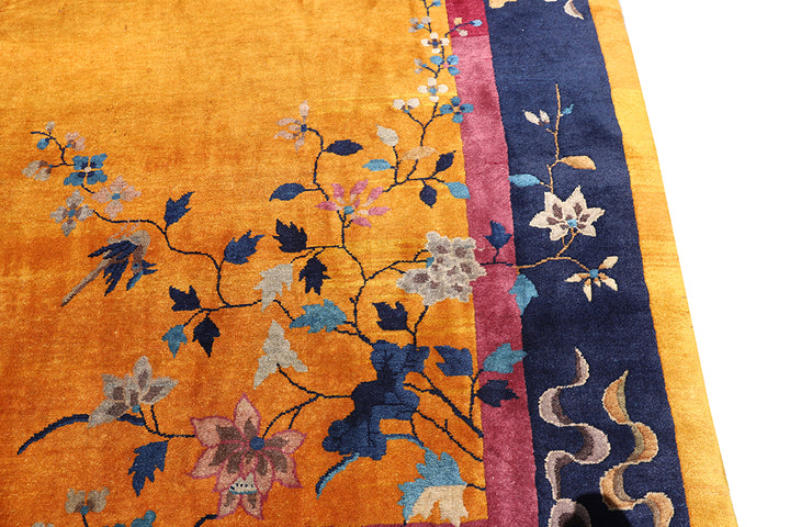 9'x11' Orange and Blue Floral Vintage Chinese Art Deco Wool Area Rug