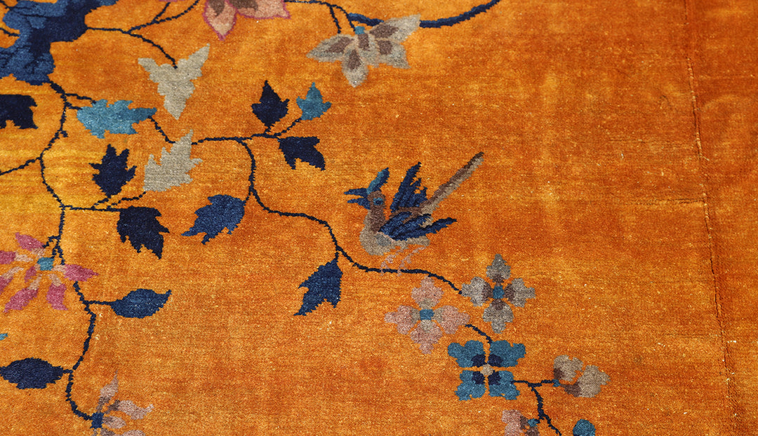 9'x11' Orange and Blue Floral Vintage Chinese Art Deco Wool Area Rug