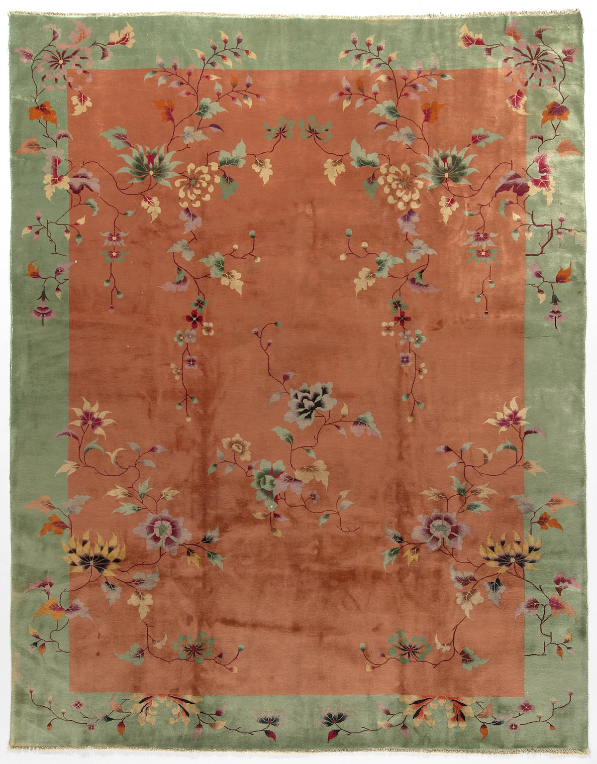 9'x12' Orange and Green Floral Vintage Chinese Art Deco Rug