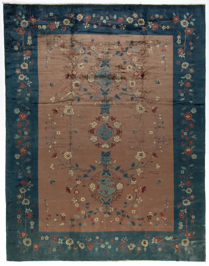 10'x13' Brown and Blue Floral Vintage Chinese Art Deco Rug