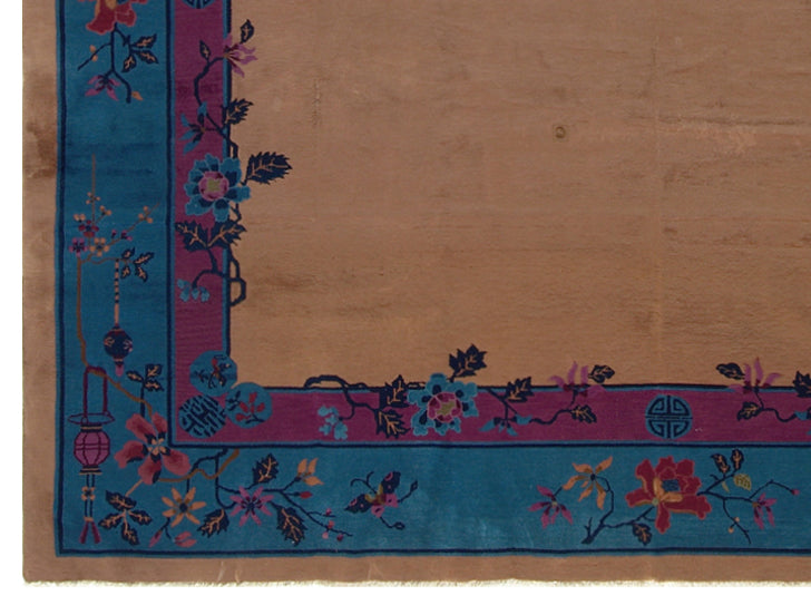 9'x11' Brown and Blue Vintage Chinese Art Deco Rug