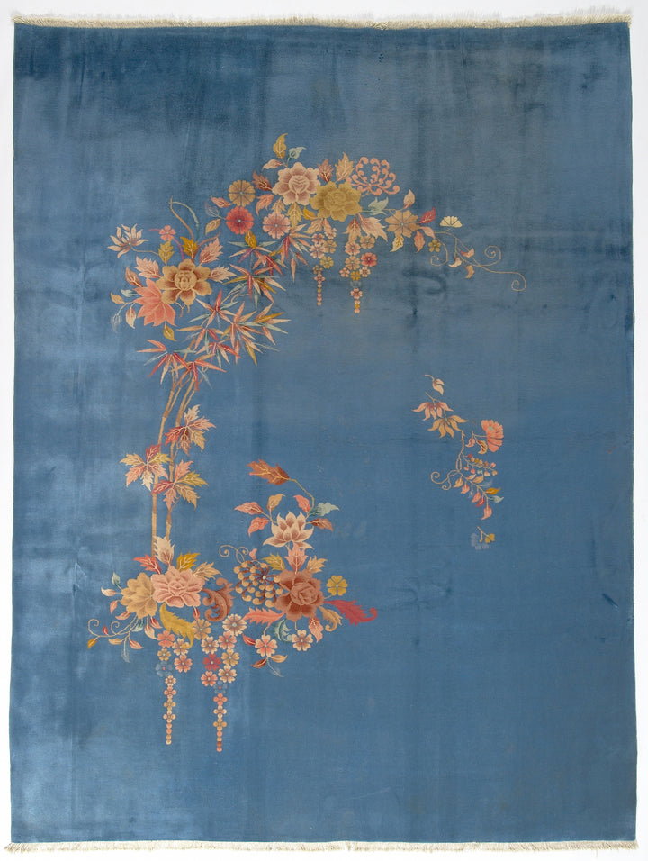 9'x12' Blue Floral Vintage Chinese Art Deco Rug