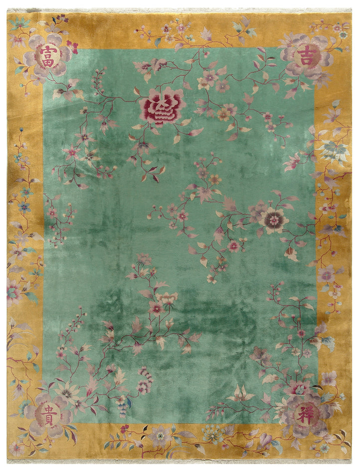 9'x12' Green and Gold Yellow Floral Vintage Chinese Art Deco Rug