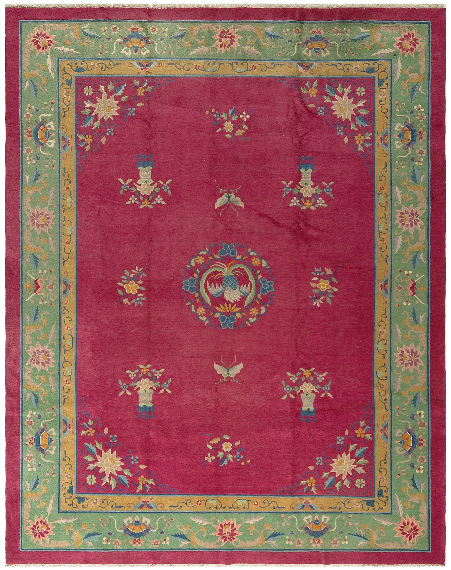10'x13' Pink And Green Vintage Chinese Art Deco Rug
