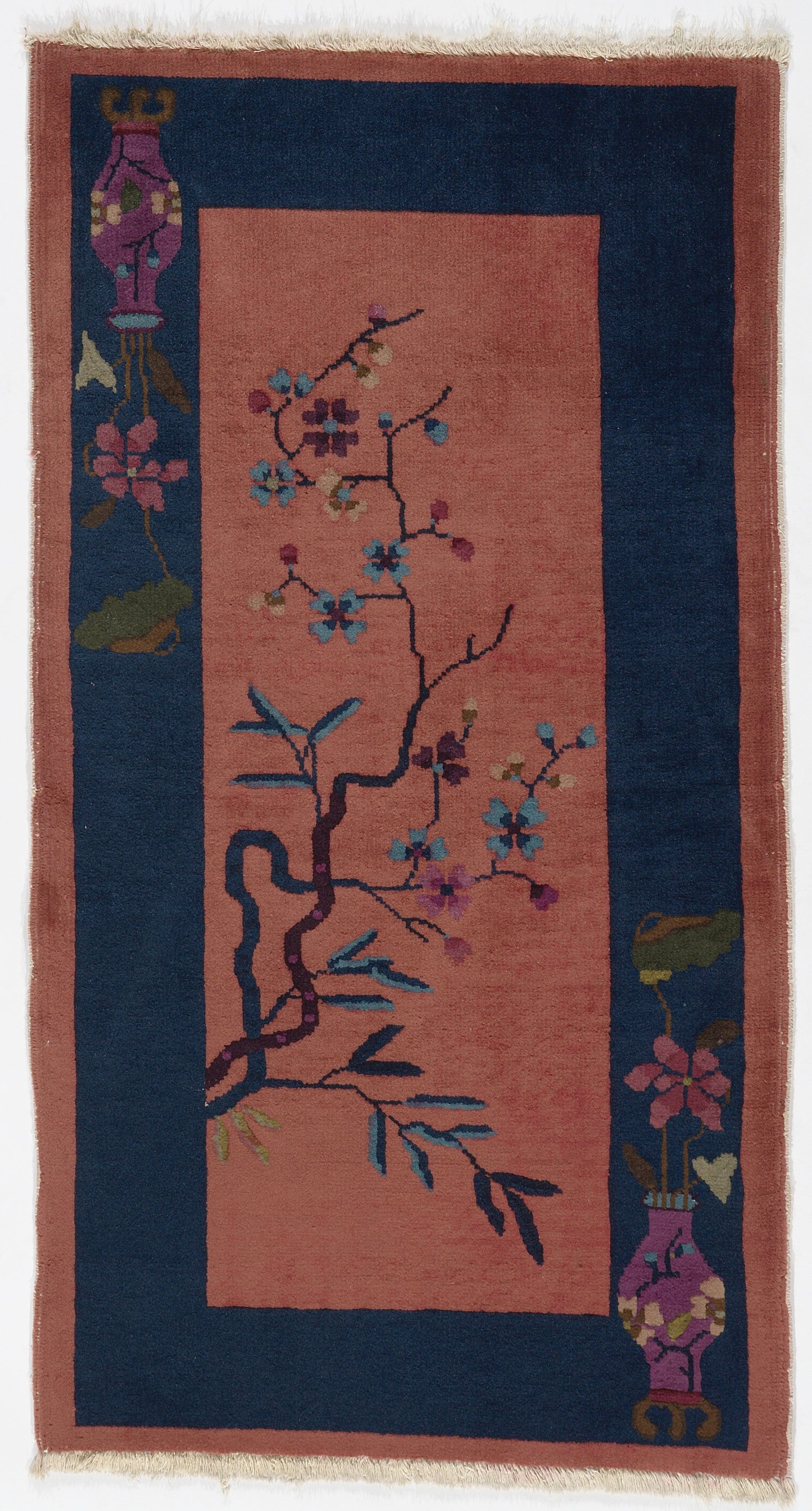 2'x4' Red and Navy Blue Floral Chinese Art Deco Rug