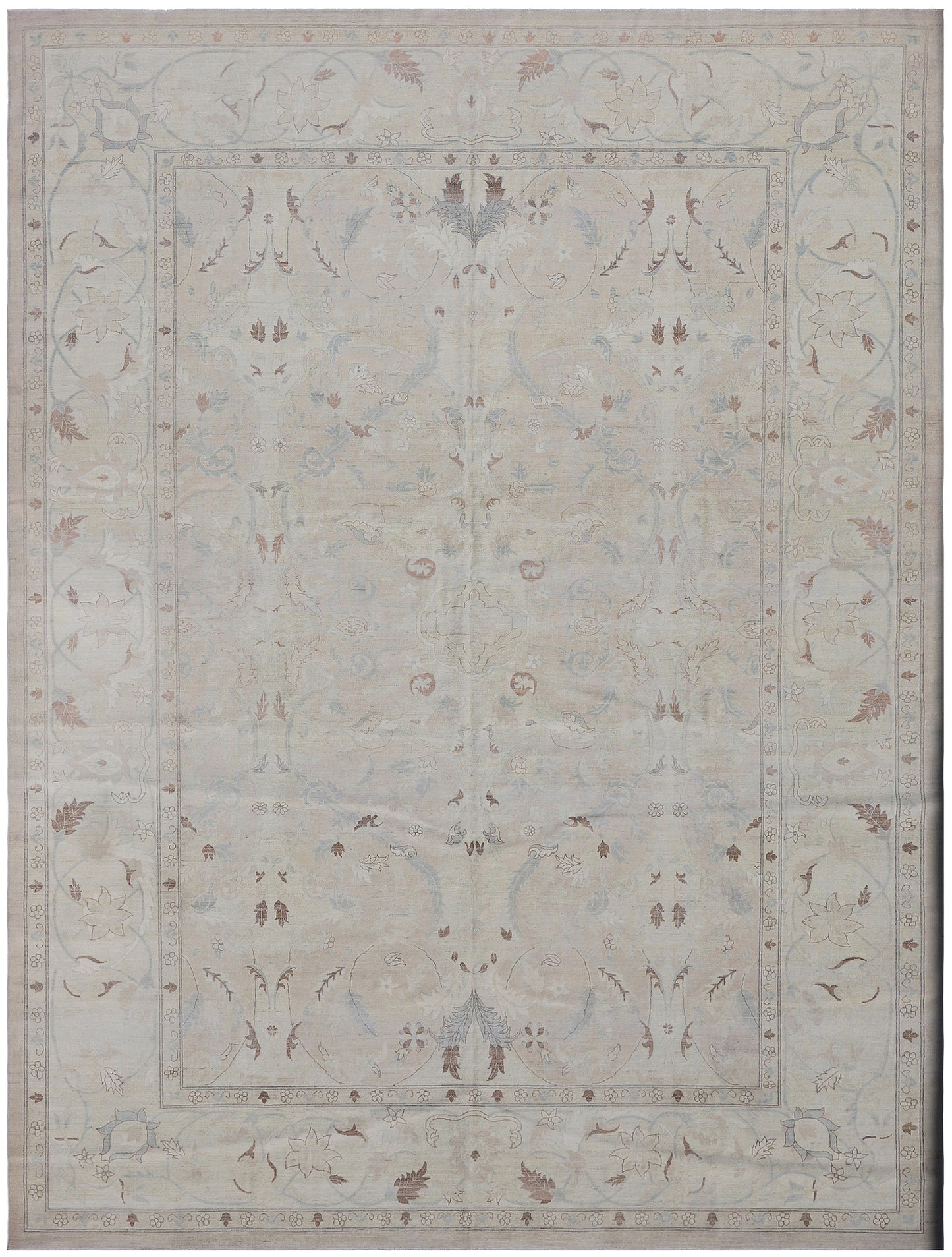 10'x14' Soft Washed-out Icy Blue Ivory Pink Brown Silk and Wool Polonaise Design Ariana Luxury Rug