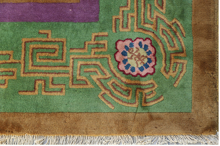 9'x11' Brown and Green Floral Vintage Chinese Art Deco Wool Rug